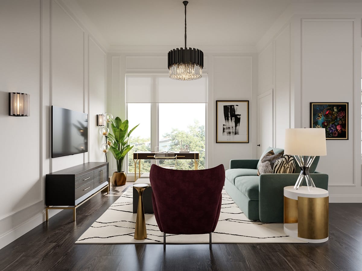 Gold side table and accent furniture in a living room