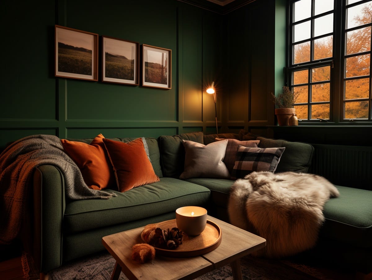 Cozy living room interior design styles with a dark green wall