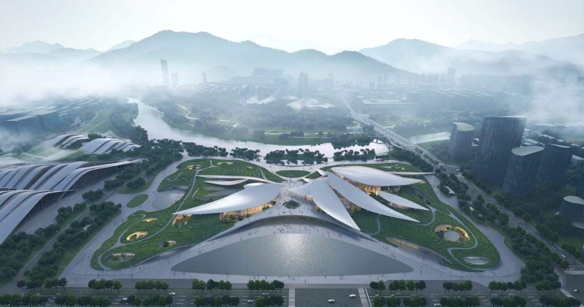 Aerial Rendering of Anji Culture and Art Center by MAD