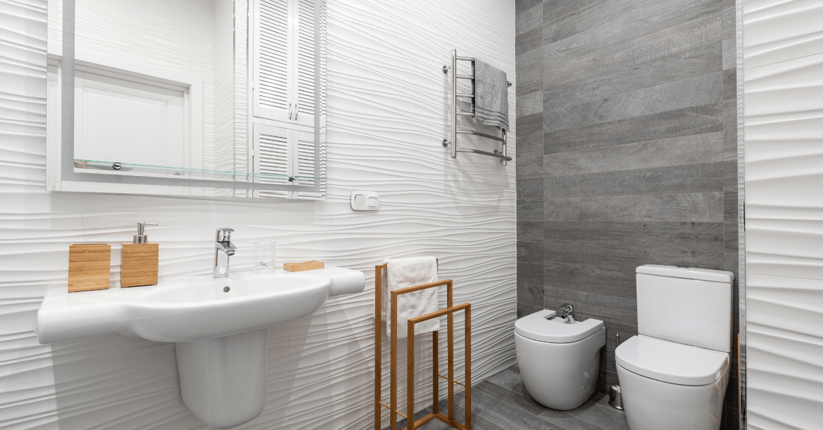 White and gray themed bathroom.