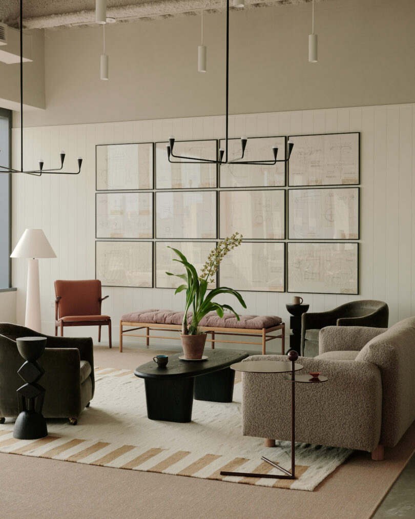 homey seating area with various chairs and benches next to a gallery wall