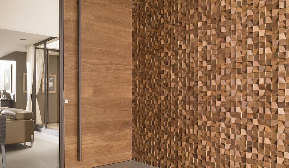 Mosaic Wood blocks accent wall.