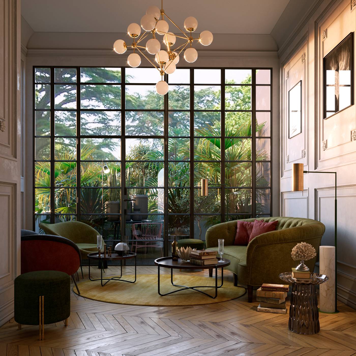 Gorgeous study room with floor-to-ceiling windows.