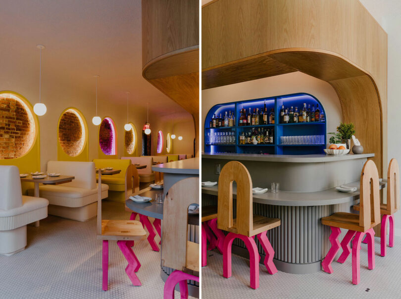 Dual photo of quirky bar stools with pink legs from two angles.