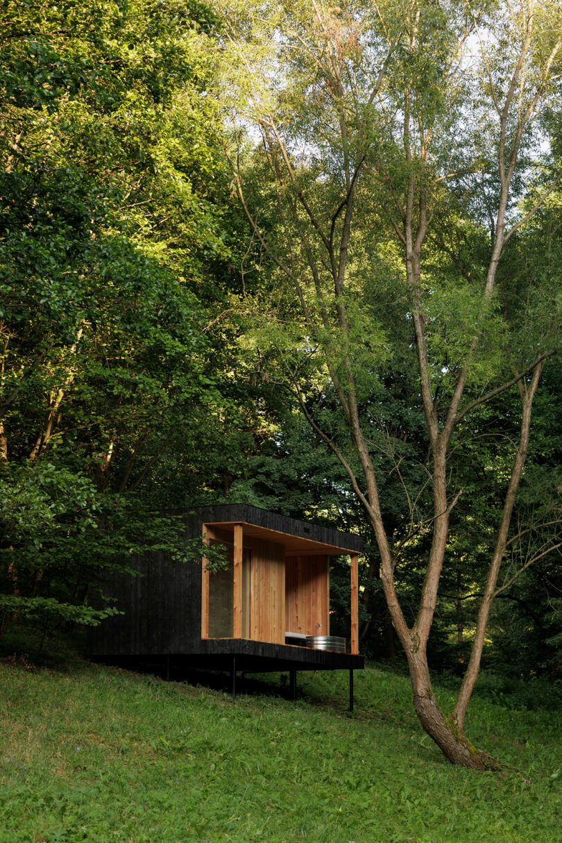 angled exterior shot of modern bathroom sauna