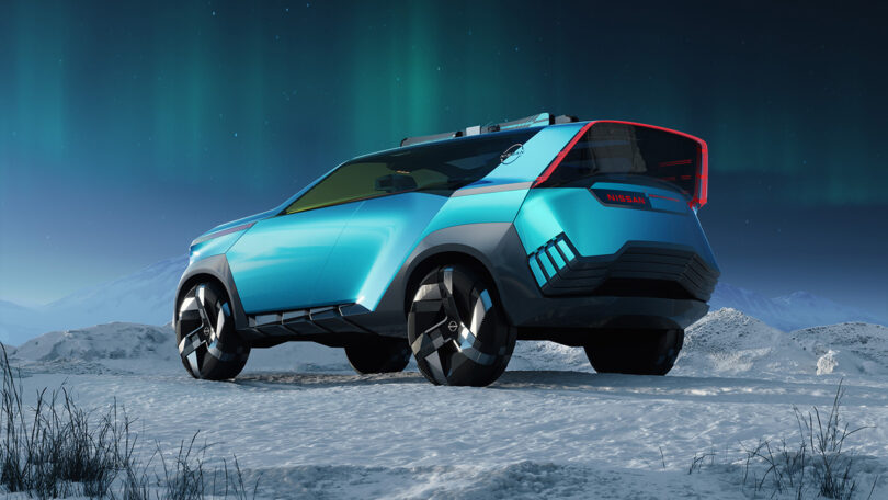 Side ground level view of an icy blue Nissan Hyper Adventure concept render set in a snowy setting with the Northern Lights glowing in the background.