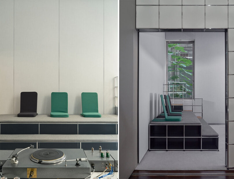 Two views of the three black and green floor seats with backs placed upon a tiered listening area along the back wall of the OJAS Listening Room at USM Modular Furniture. First image is from behind a turntable facing toward the front of the three chairs, second photo is from the side, revealing the tiered seating setup.
