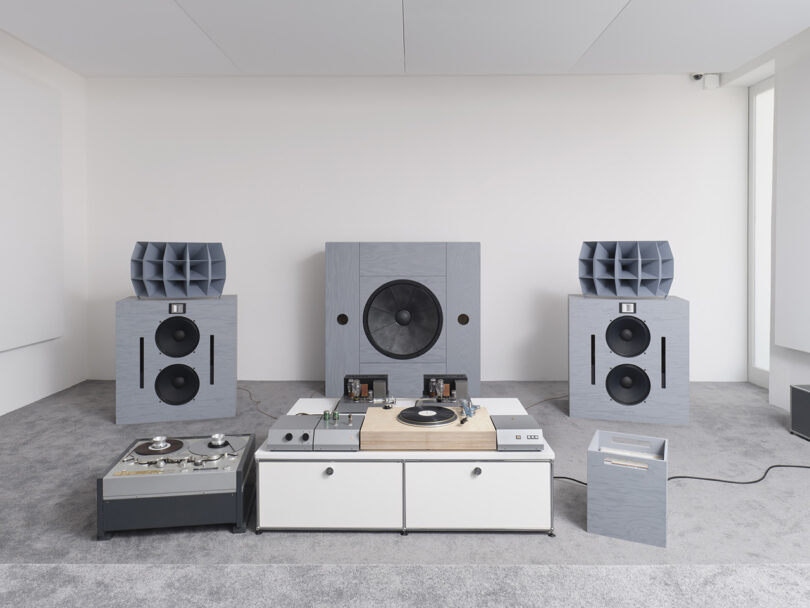gallery view of large gray speakers and audio setup