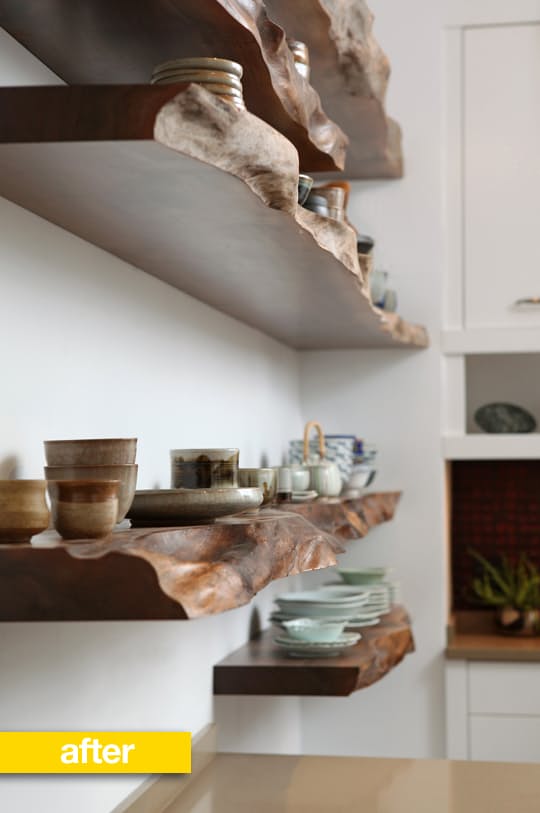 Rustic wooden floating shelves used to hold dish-ware.