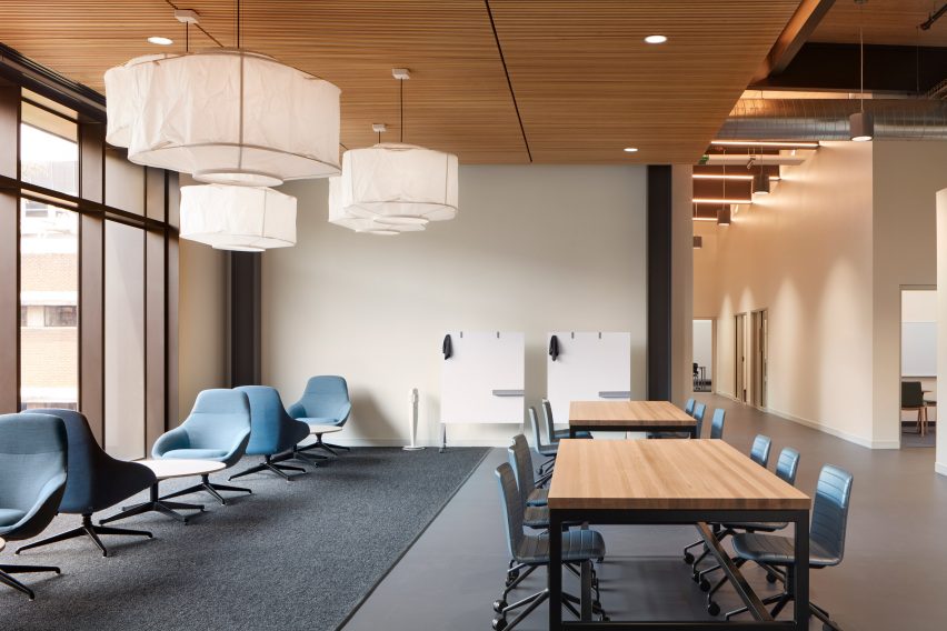 Meeting room with wooden tables