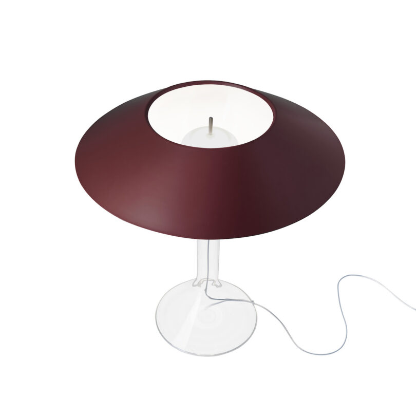 burgundy metal lamp with transparent body