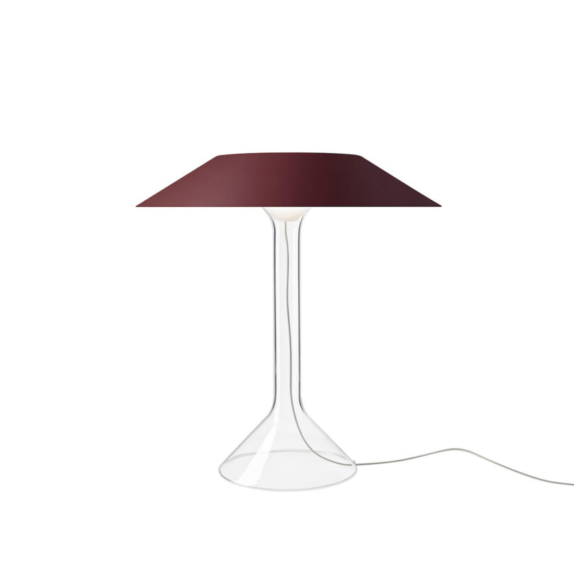 burgundy metal lamp with transparent body