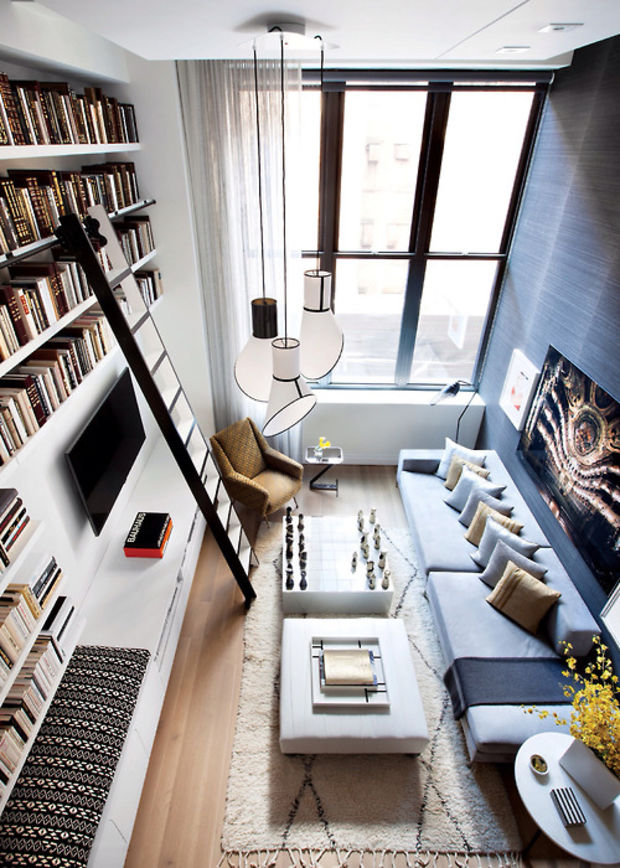 A narrow living room with a wooden ladder leaning against a wall adorned with bookshelves filled with books.