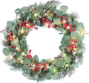 Light Up Christmas Wreath with red berries and Eucalyptus