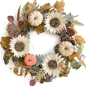 white pumpkin wreath with sunflowers leaves autumn front door