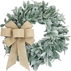 flocked lambs ear wreath with canvas bow