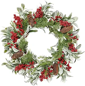 red berry wreath with lambs ear