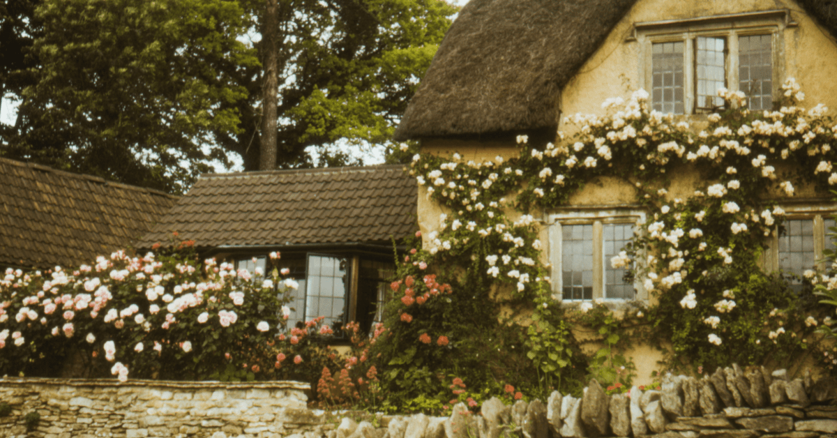 Yellow cottagecore house with plants vining on its exterior.