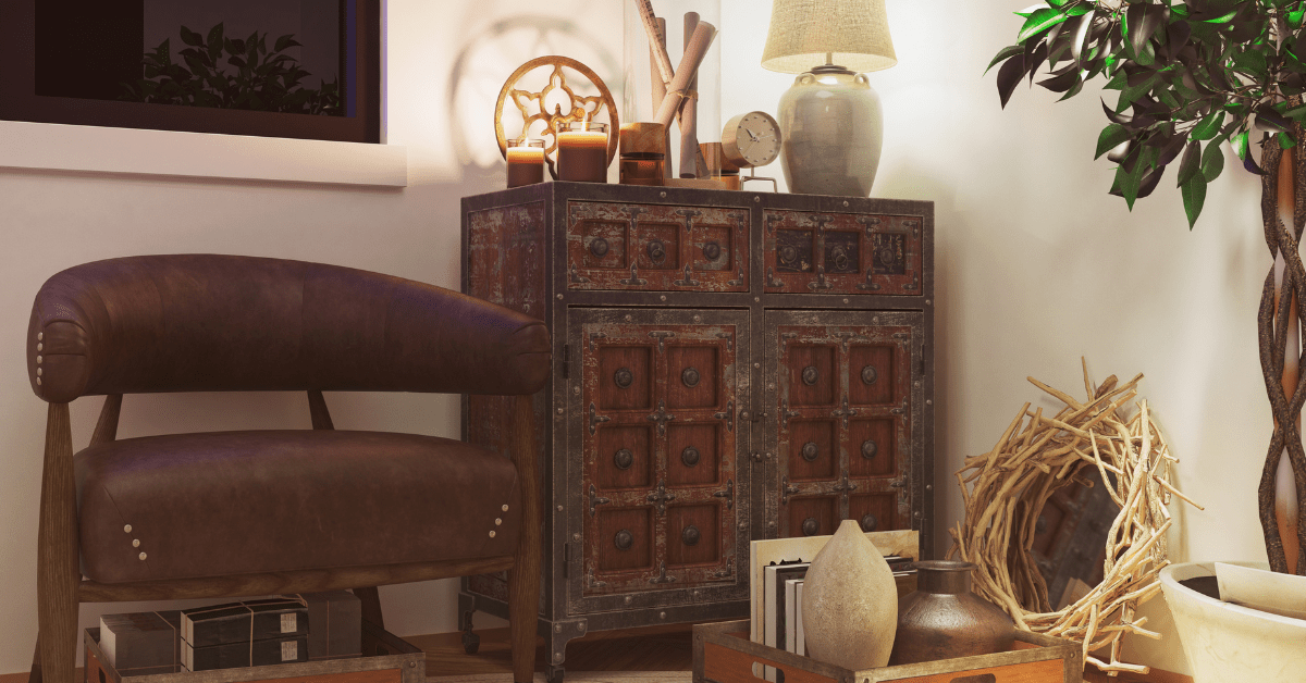 A vintage chair and dresser. along other vintage pieces.