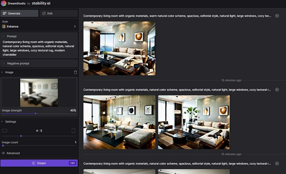 Artificial intelligence interior design on DreamStudio