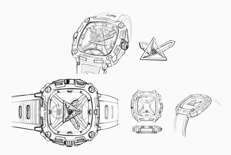 Pencil sketches of the CIGA Design Eye of Horus mechanical wristwatch from various angles.