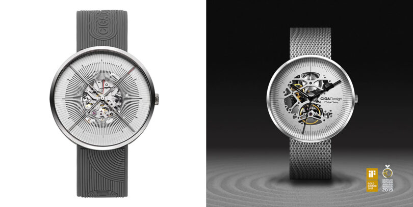 Side by side photos of Naoto Fukasawa's J Zen Michael Young's MY CIGA Design mechanical wristwatches.