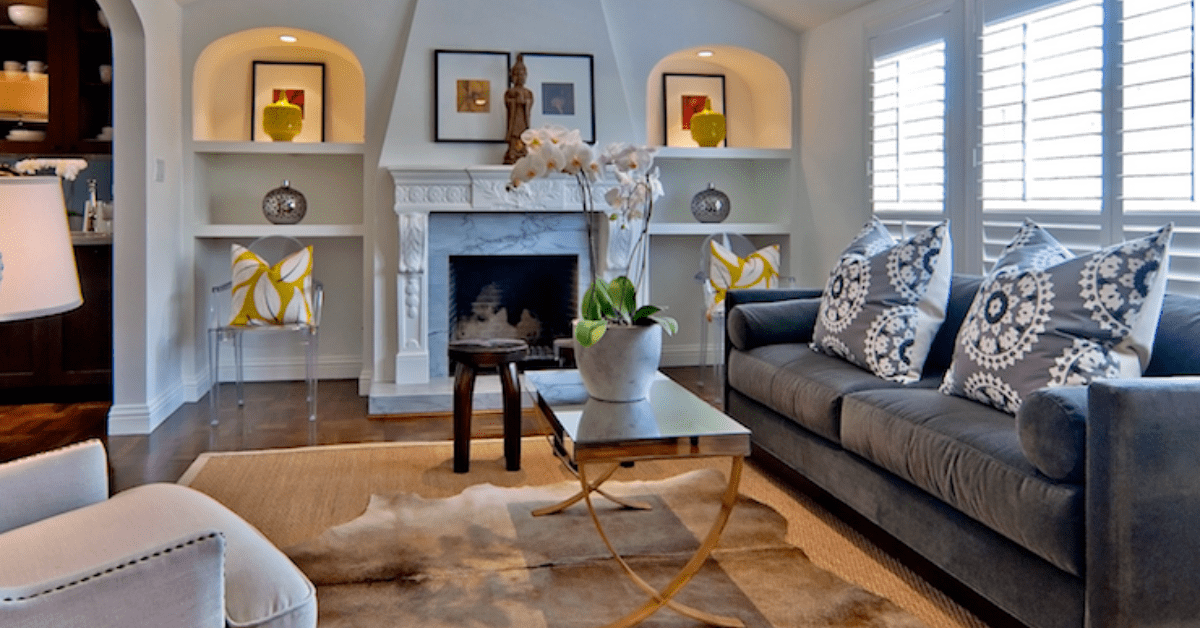 Living room of a Craftsman house with modern furniture.