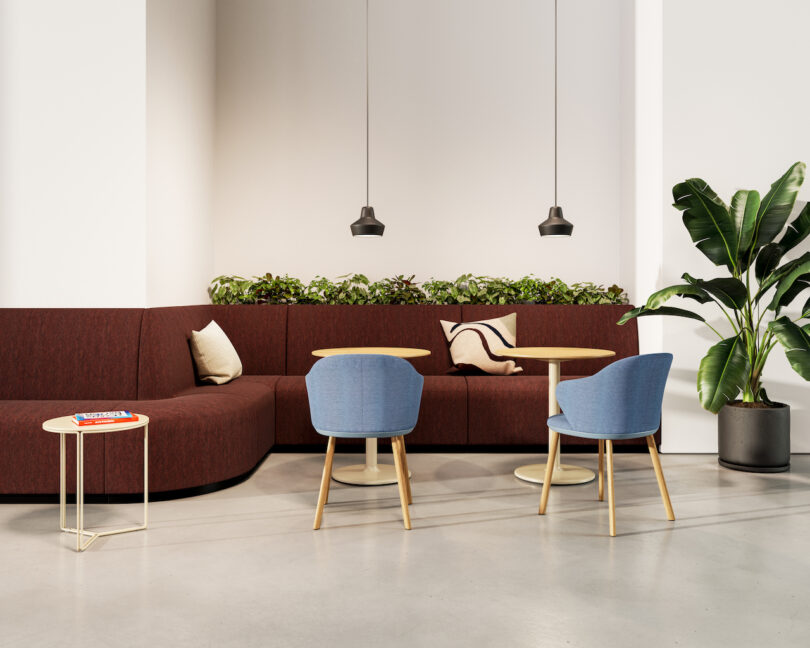 purple banquette seating area