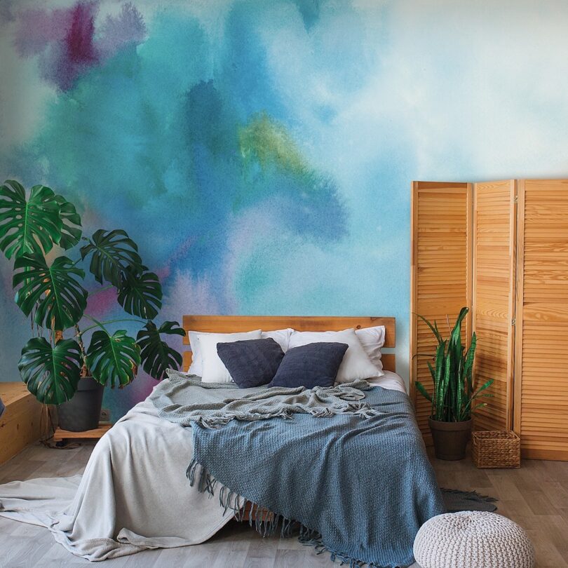 bedroom with water color mural wallpaper