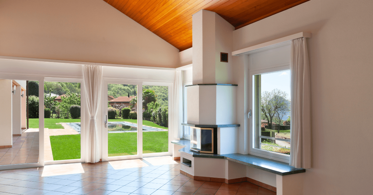 Living room with terracotta floor tiles.