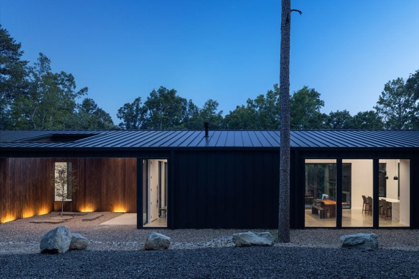 Dusk external view of Oklahoma cabin by Far + Dang