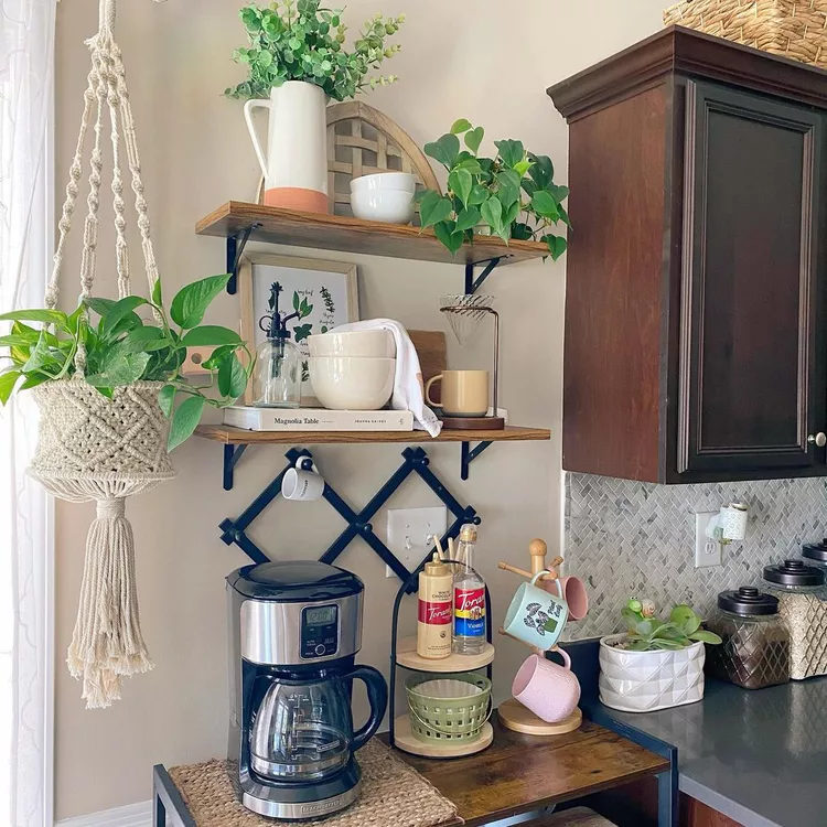 Eclectic farmhouse boho coffee bar with open shelving.