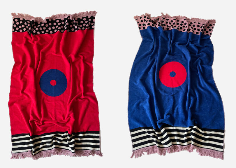 pink, red, blue, white, and black geometric abstract throw blanket front and back