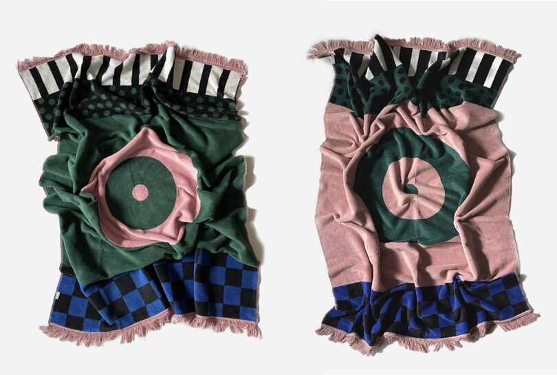 pink, blue, green, and black geometric abstract throw blanket front and back