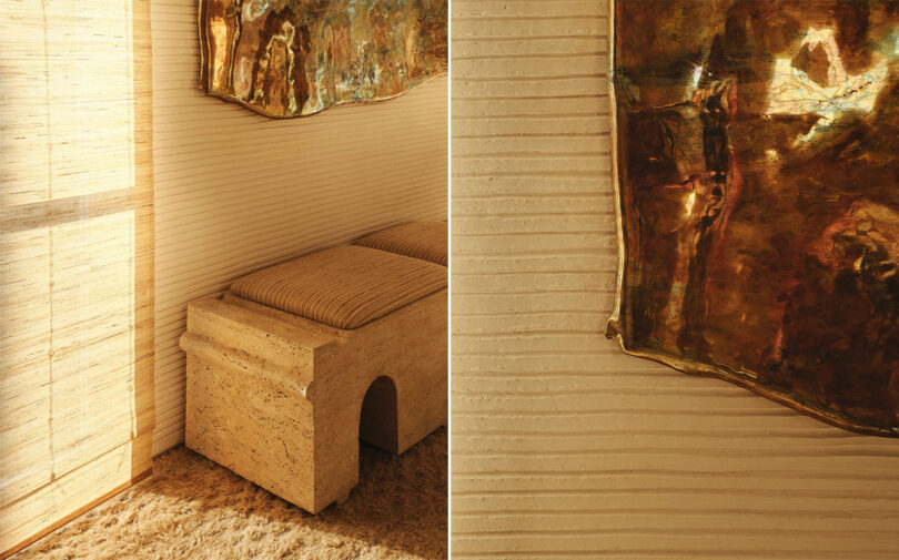 Details of wall, seating, and art that are rich in texture.