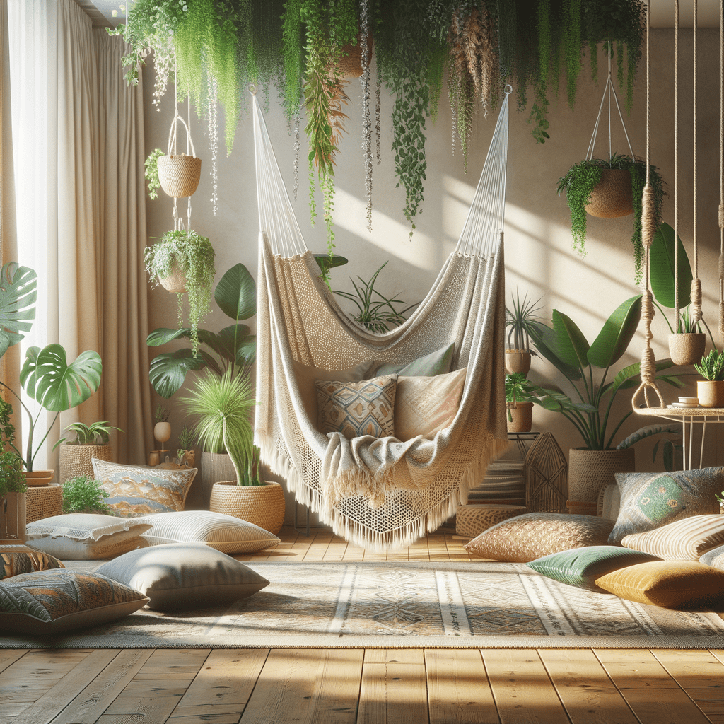 macrame swing in well lit corner of boho style living room with hanging plants and floor cushions surrounded