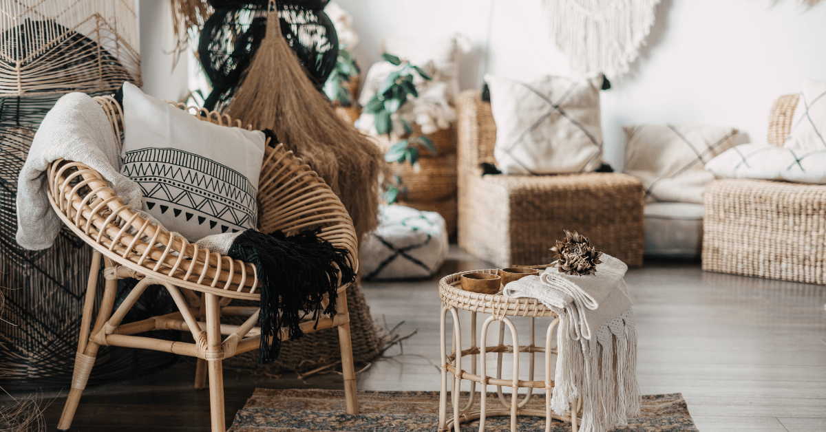 Boho living room with furniture made of natural wood and wick.