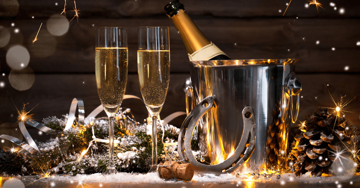 A drink table with New Year's Eve decorations.