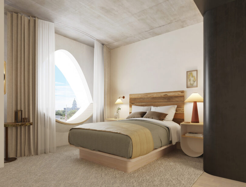 Render of one of Populous hotel's guest rooms, showing the aspen tree inspired interior and windows.