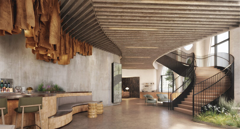 Render of Populous hotel's lobby and winding staircase with bar visible in the left hand corner.