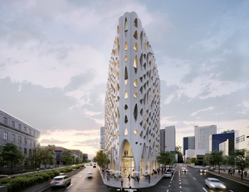 Render of the Populous hotel's arched entry exterior from a street view perspective.