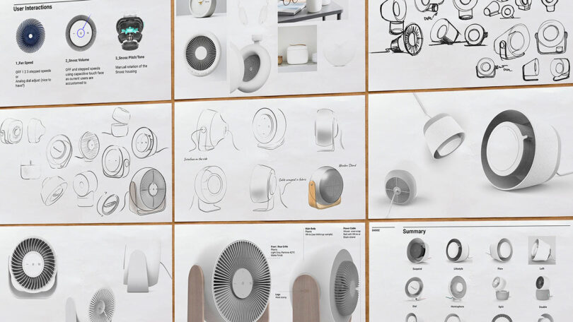 Herbst Produkt design studio concept sketches of the Snooz Breez fan showing various iterations of the product's design, including the user interaction and shape of the fan's stand and main impeller vent shape.
