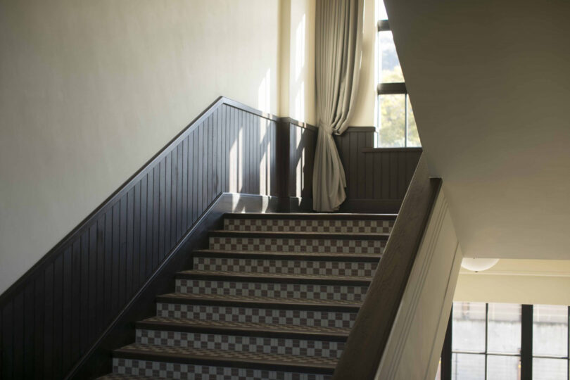 Checkered tile staircase landing of The Hotel Seiryu Kyoto Kiyomizu