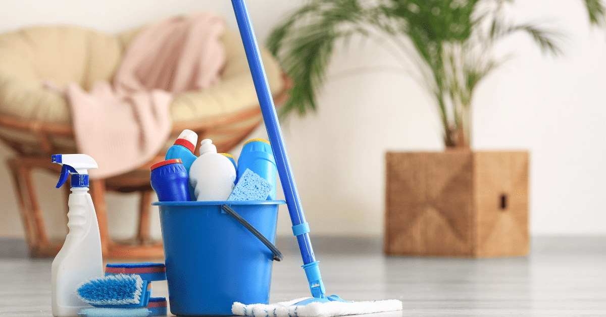 An assortment of cleaning tools in a bucket.