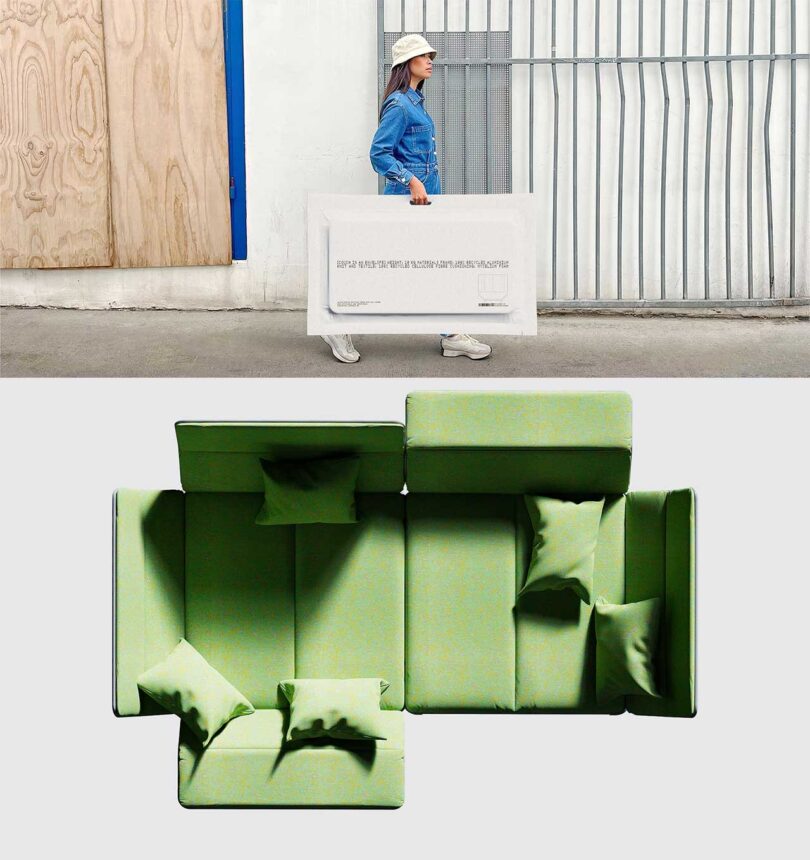 collage of a woman carrying an envelope with a green sofa below