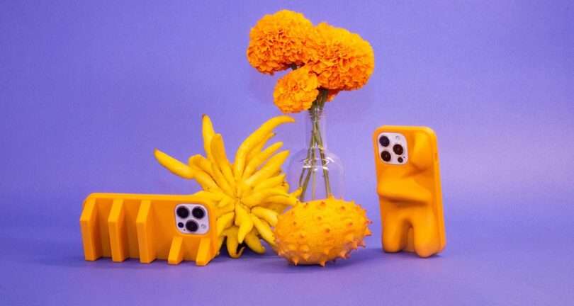 2 orange phones next to spiky fruit and orange flowers