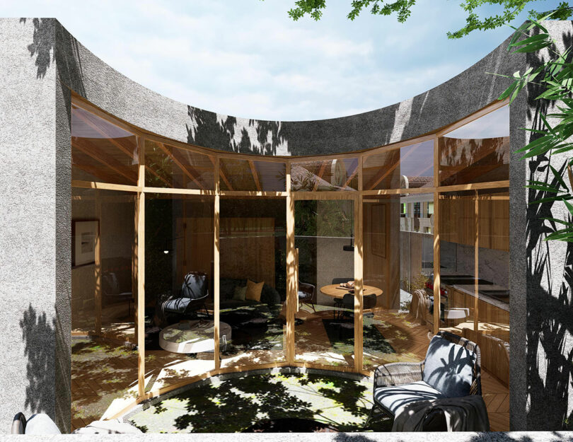 exterior front view of small accessory dwelling unit with curved wall of windows