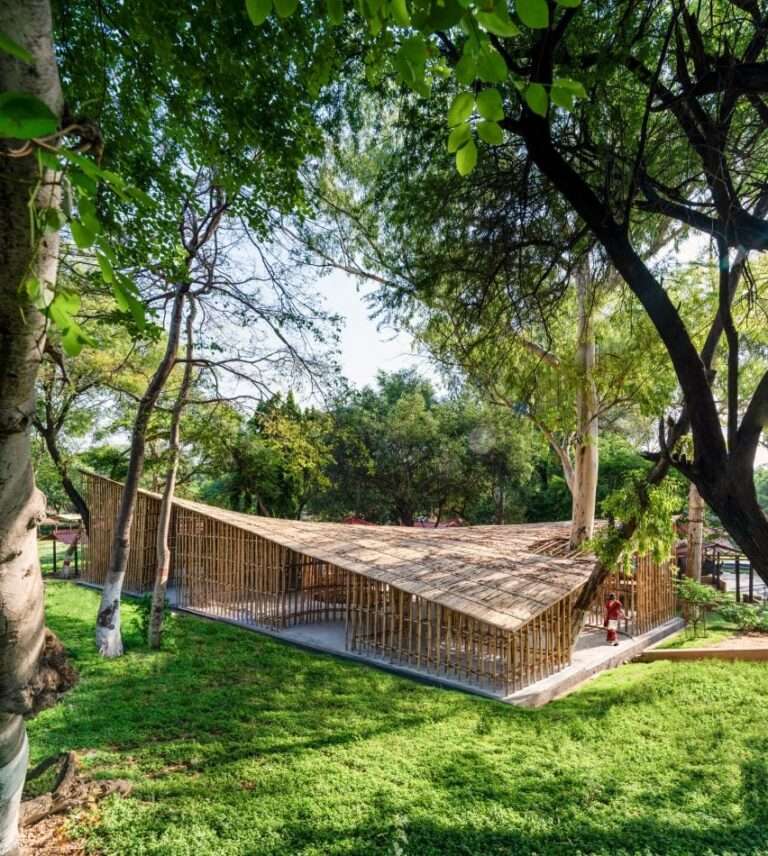 Bamboo pavilion by AtArchitecture references traditional Indian handlooms