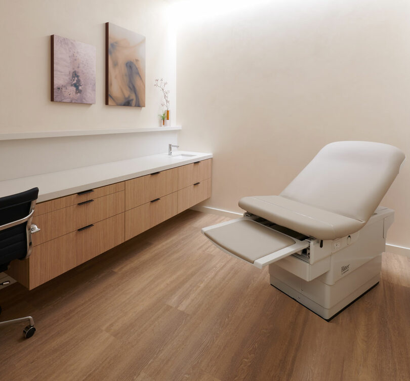 Medical office with standard patient chair.