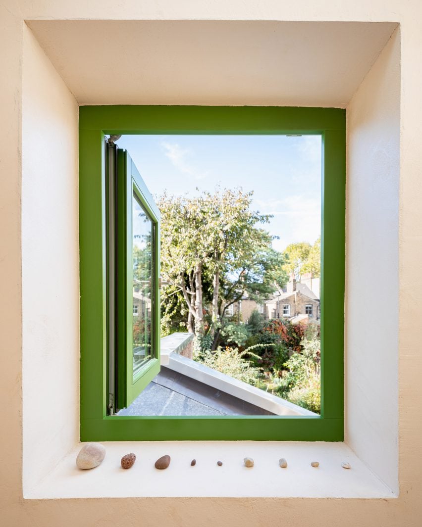 View from large window with green frame